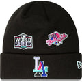 Los Angeles Dodgers New Era MLB Cuffed Knit Beanie Hat Black Crown/Visor Multi-Color Logo With Multiple Patches (Polar Lights)