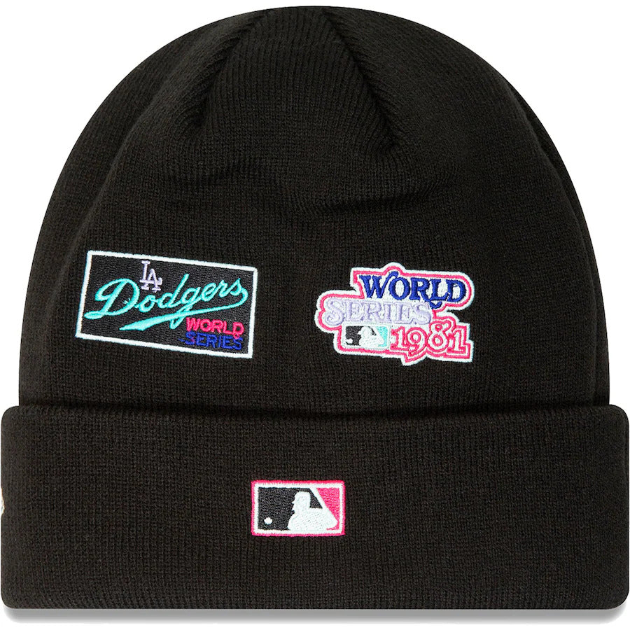 Los Angeles Dodgers New Era MLB Cuffed Knit Beanie Hat Black Crown/Visor Multi-Color Logo With Multiple Patches (Polar Lights)