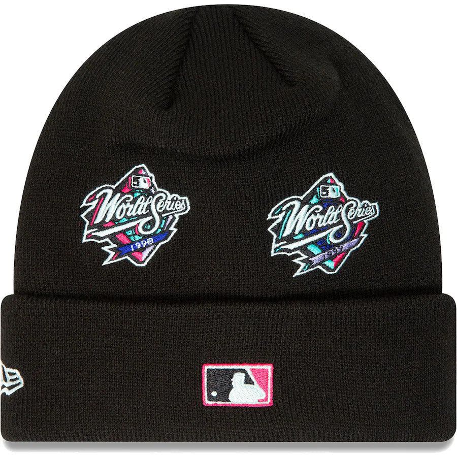 New York Yankees New Era MLB Cuffed Knit Beanie Hat Black Crown/Visor Multi-Color Logo With Multiple Patches (Polar Lights)