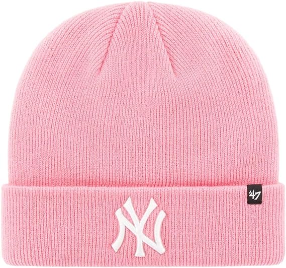 New York Yankees '47 Brand MLB Cuffed Knit Beanie Hat Pink Crown/Visor White Logo