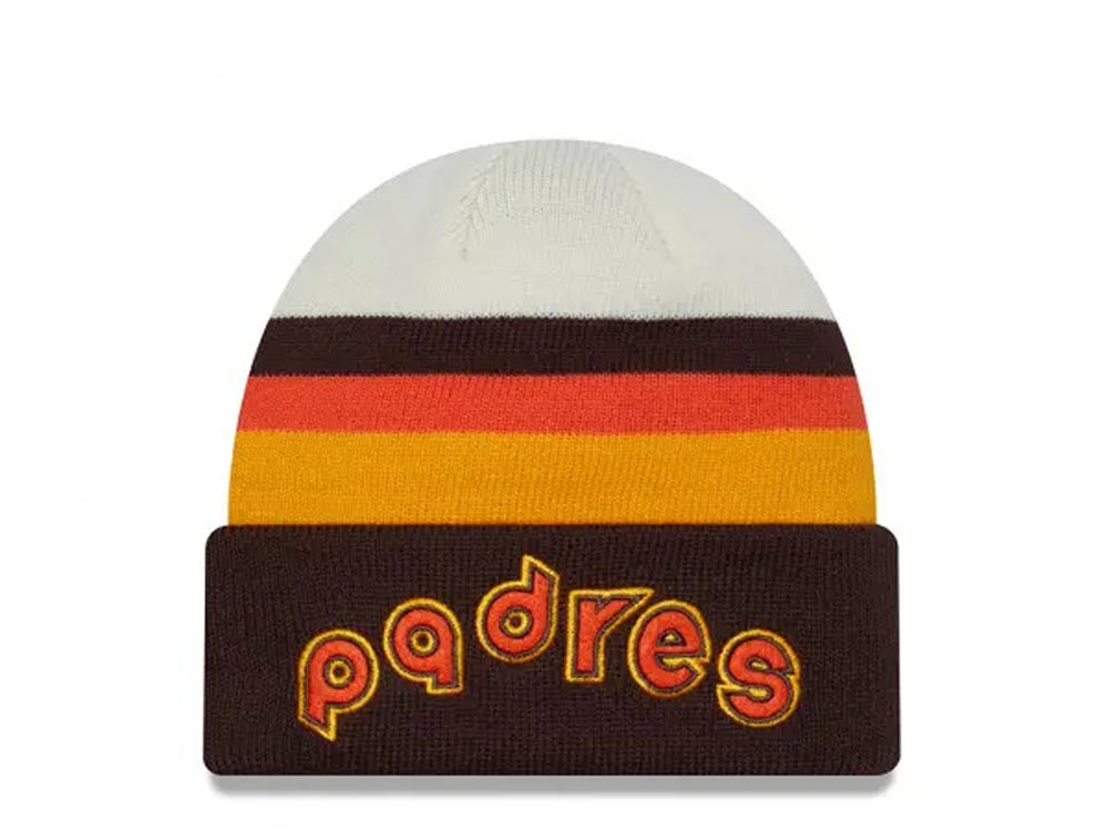 San Diego Padres New Era MLB Cuffed Retro Knit Beanie Hat White/Brown/Yellow Crown/Visor Orange/Brown/Yellow Script