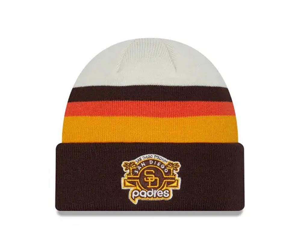 San Diego Padres New Era MLB Cuffed Retro Knit Beanie Hat White/Brown/Yellow Crown/Visor Orange/Brown/Yellow Script