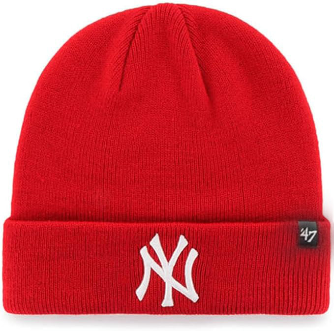 New York Yankees '47 Brand MLB Cuffed Knit Beanie Hat Red Crown/Visor White Logo