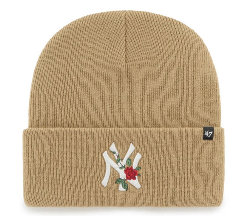 New York Yankees '47 Brand MLB Cuffed Knit Beanie Hat Khaki Crown/Visor White with Red Rose Logo