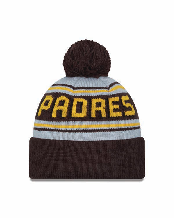 San Diego Padres New Era MLB Cuffed Pom Knit Hat Gray/Brown Crown/Visor Yellow Logo (Word Mark)