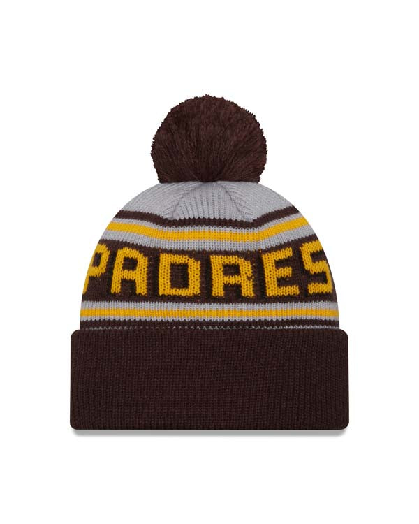 (Youth) San Diego Padres New Era MLB Kid Cuffed Pom Beanie/Knit Hat Gray/Brown Crown/Visor Yellow Logo (Word Mark)