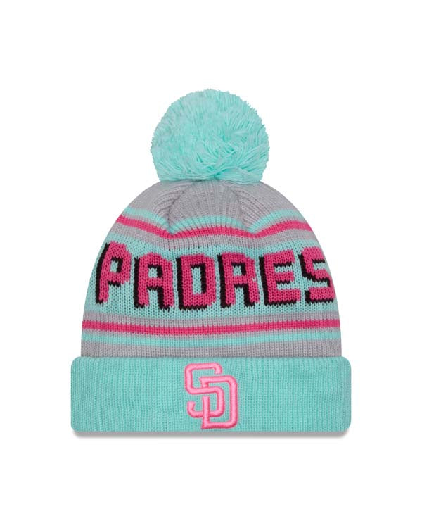(Child/Youth) City Connect San Diego Padres New Era MLB Cuffed Pom Kid Beanie/Knit Hat Teal Crown/Visor Magenta Logo