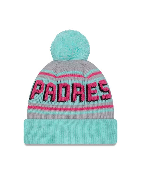 (Child/Youth) City Connect San Diego Padres New Era MLB Cuffed Pom Kid Beanie/Knit Hat Teal Crown/Visor Magenta Logo