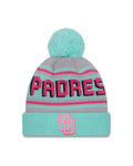 (City Connect) San Diego Padres New Era MLB Cuffed Pom Beanie/Knit Hat Light Teal/Magenta Crown/Visor Pink Logo