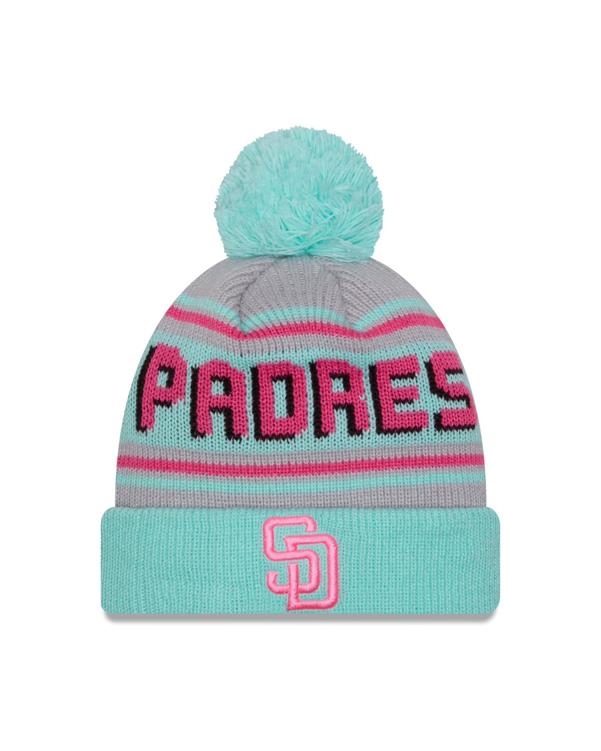 (City Connect) San Diego Padres New Era MLB Cuffed Pom Beanie/Knit Hat Light Teal/Magenta Crown/Visor Pink Logo