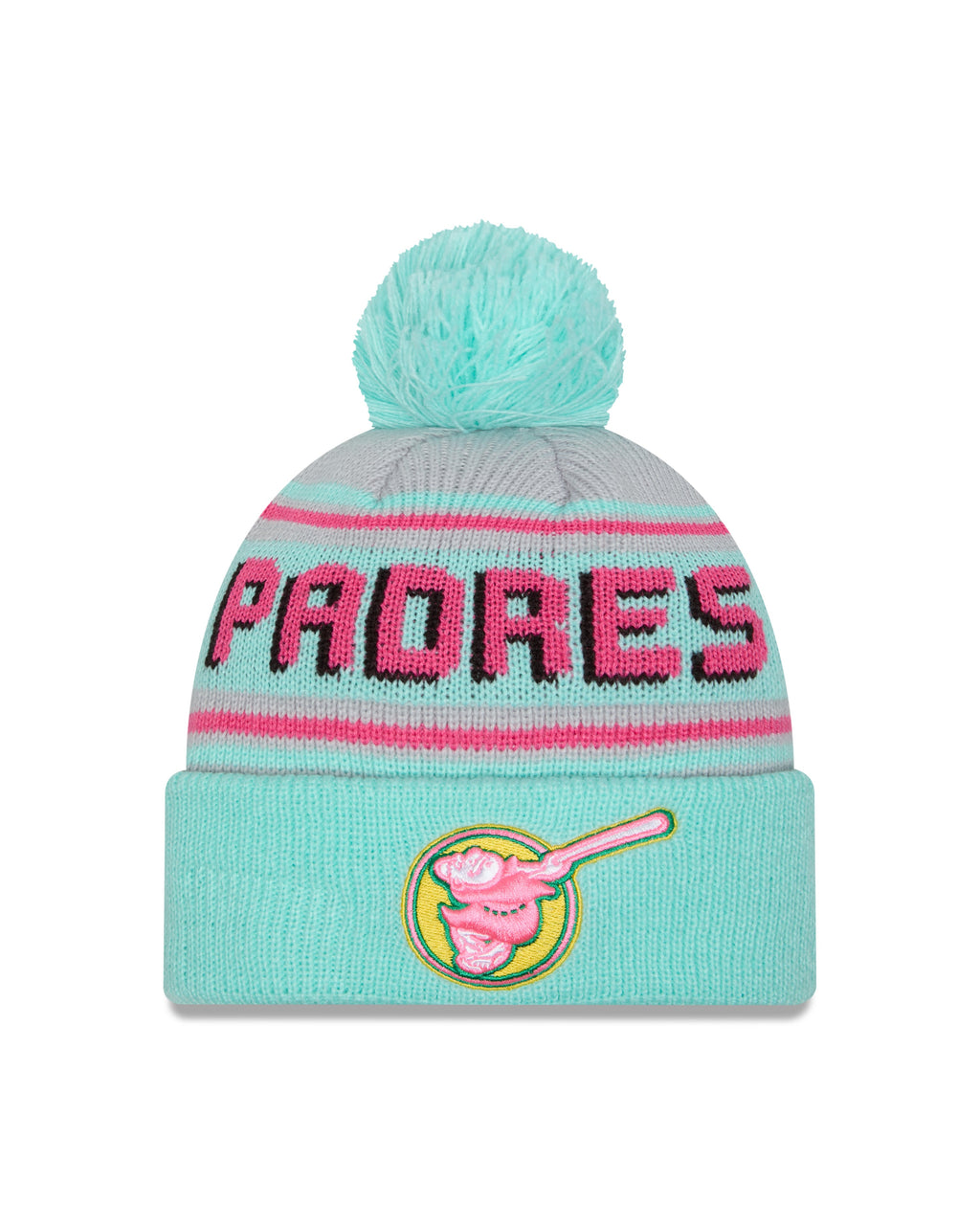 (City Connect) San Diego Padres New Era MLB Cuffed Pom Beanie/Knit Hat Light Teal/Pink Crown/Visor Pink/Yellow Swinging Friar Logo