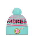 (City Connect) San Diego Padres New Era MLB Cuffed Pom Beanie/Knit Hat Light Teal/Pink Crown/Visor Pink/Yellow Swinging Friar Logo