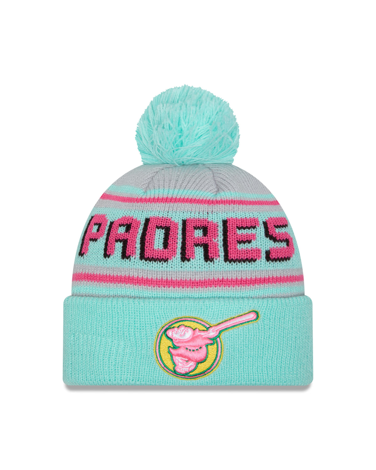 (City Connect) San Diego Padres New Era MLB Cuffed Pom Beanie/Knit Hat Light Teal/Pink Crown/Visor Pink/Yellow Swinging Friar Logo