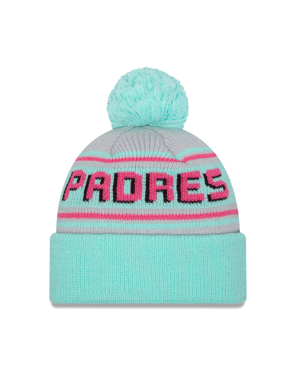 (City Connect) San Diego Padres New Era MLB Cuffed Pom Beanie/Knit Hat Light Teal/Pink Crown/Visor Pink/Yellow Swinging Friar Logo