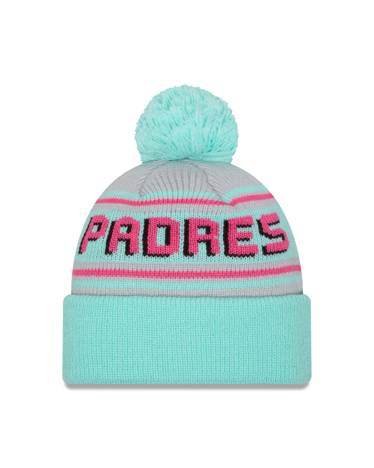 (City Connect) San Diego Padres New Era MLB Cuffed Pom Beanie/Knit Hat Light Teal/Pink Crown/Visor Pink/Yellow Swinging Friar Logo