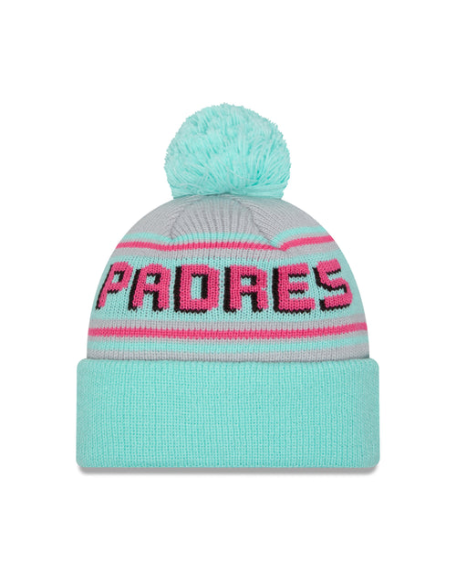 (City Connect) San Diego Padres New Era MLB Cuffed Pom Beanie/Knit Hat Light Teal/Pink Crown/Visor Pink/Yellow Swinging Friar Logo