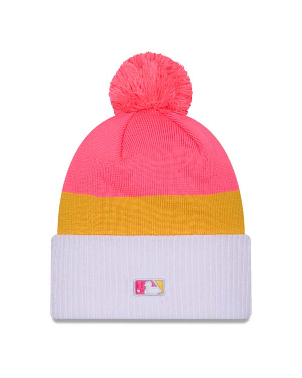 (City Connect) San Diego Padres New Era MLB Cuffed Pom Beanie/Knit Hat Magenta/Yellow/White Crown/Visor Magenta Logo