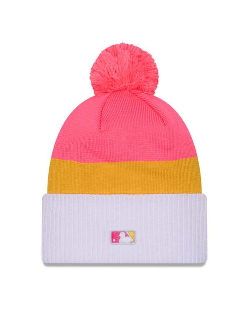 (City Connect) San Diego Padres New Era MLB Cuffed Pom Beanie/Knit Hat Magenta/Yellow/White Crown/Visor Magenta Logo