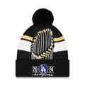 Los Angeles Dodgers New Era MLB Cuffed Pom Knit Hat Black/White/Gold Crown/Visor Team Color Logo 2024 World Series Champions