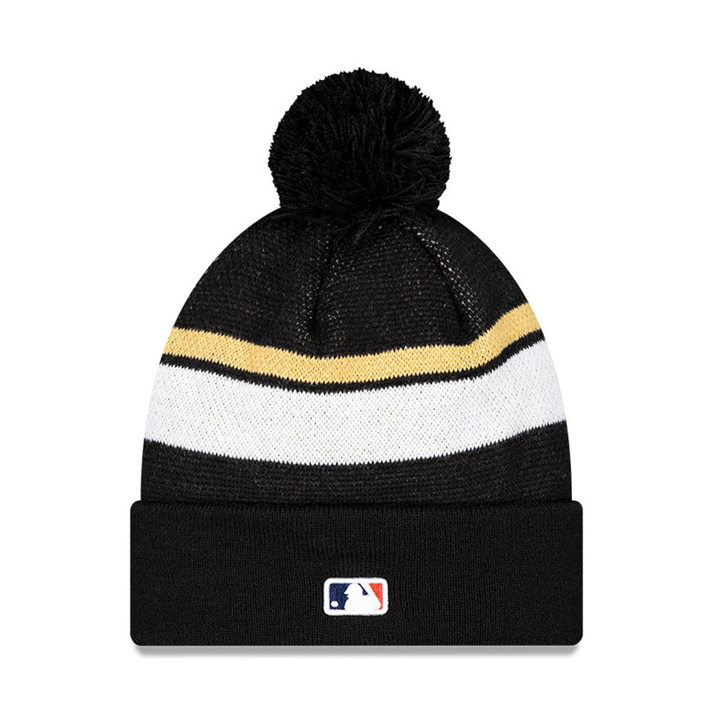 Los Angeles Dodgers New Era MLB Cuffed Pom Knit Hat Black/White/Gold Crown/Visor Team Color Logo 2024 World Series Champions