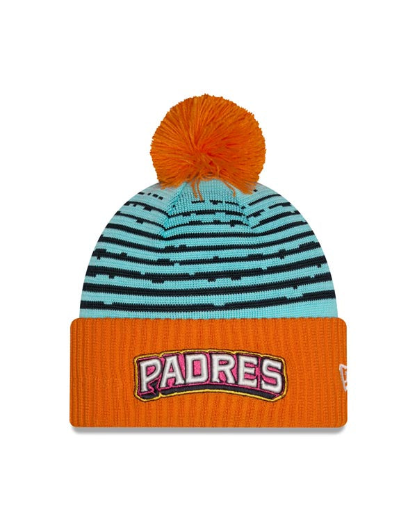 San Diego Padres New Era MLB Cuffed Pom Knit Hat Teal/Orange Crown/Visor White/Magenta/Yellow Script Logo (2026 City Connect 2.0)