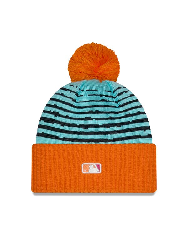 San Diego Padres New Era MLB Cuffed Pom Knit Hat Teal/Orange Crown/Visor White/Magenta/Yellow Script Logo (2026 City Connect 2.0)