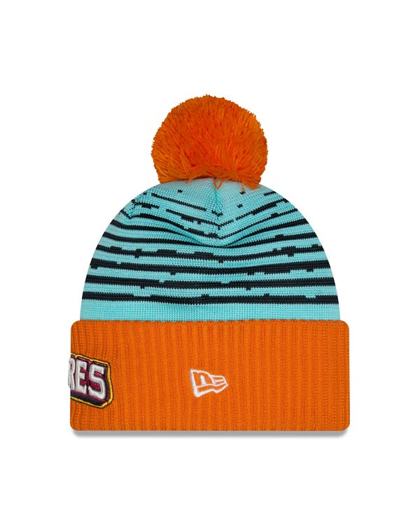 San Diego Padres New Era MLB Cuffed Pom Knit Hat Teal/Orange Crown/Visor White/Magenta/Yellow Script Logo (2026 City Connect 2.0)