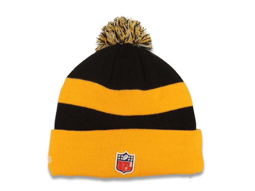 Pittsburgh Steelers New Era NFL Cuffed Pom Beanie/Knit Hat Sideline Black/Yellow Crown/Visor Team Color Logo