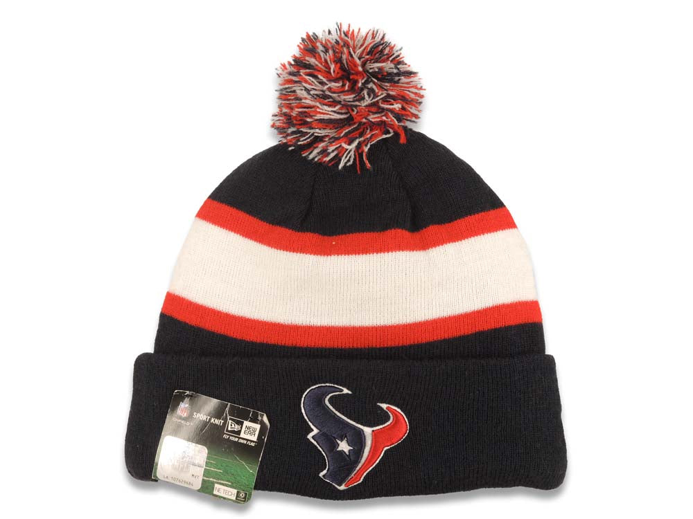Houston Texans New Era NFL Cuffed Pom Beanie/Knit Hat Navy Blue/Red/White Crown/Visor Team Color Logo