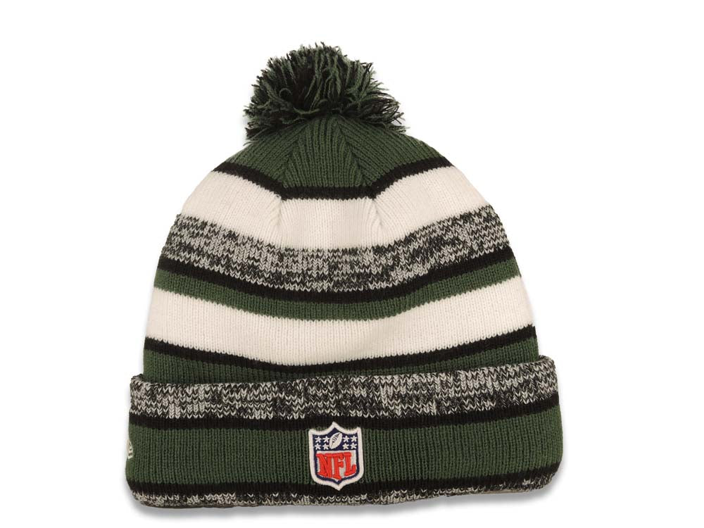 New Yourk Jets New Era Cuffed Pom Sideline Beanie/Knit Hat Green/Black/White Crown/Visor Team Color Logo