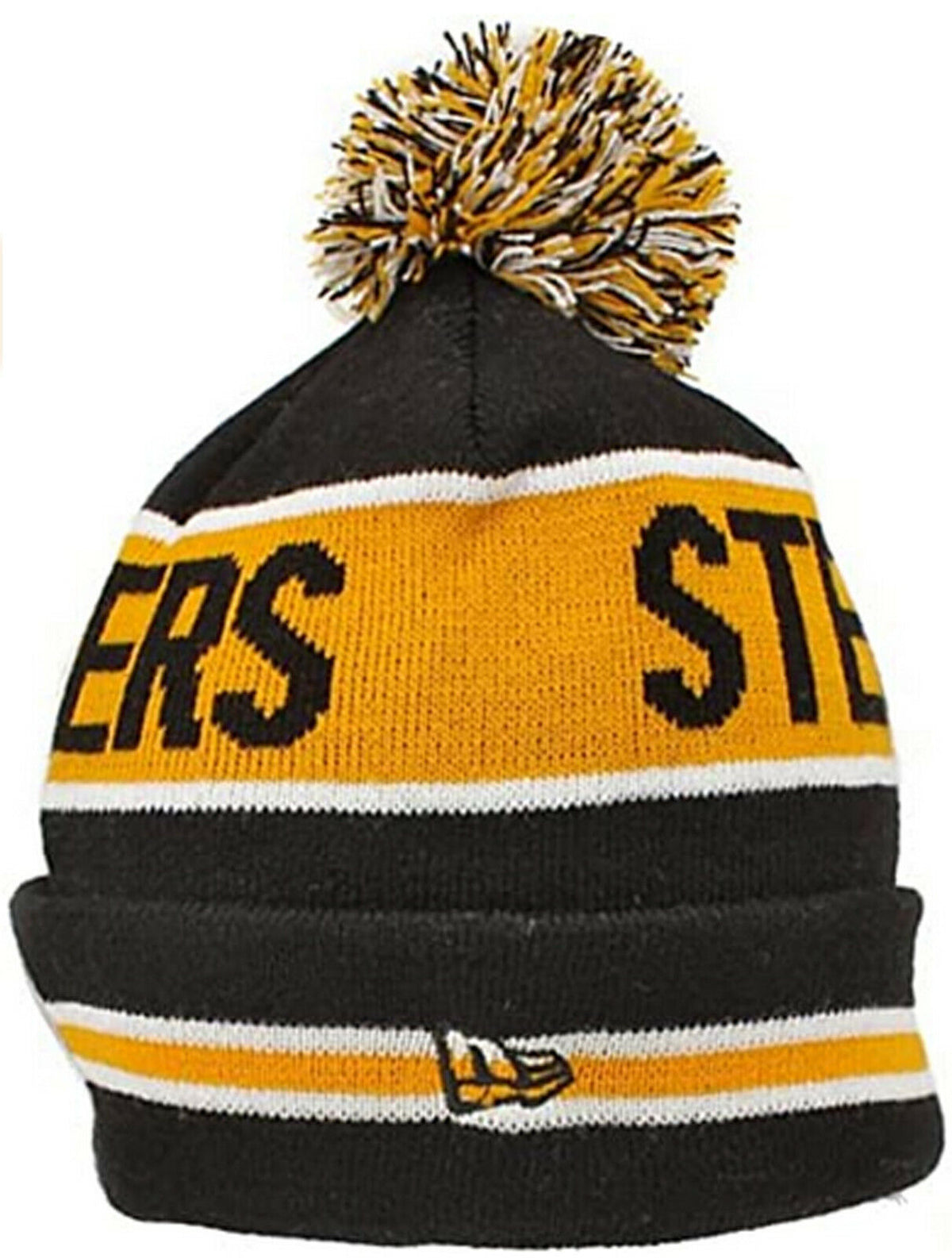 Pittsburgh Steelers New Era NFL Cuffed Pom Knit Beanie Hat Black/Yellow/White Crown/Visor Team Color Logo (The Coach)