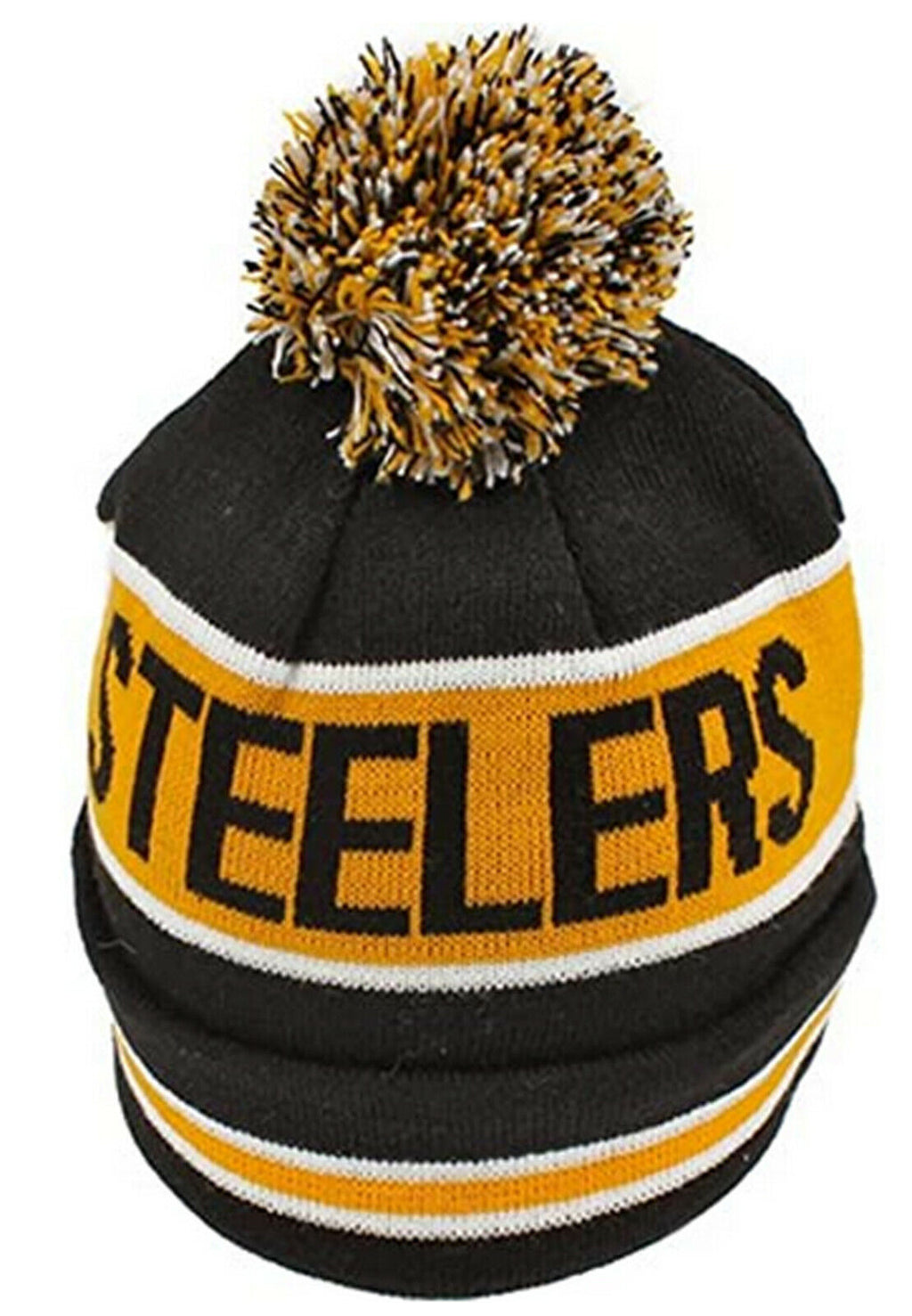Pittsburgh Steelers New Era NFL Cuffed Pom Knit Beanie Hat Black/Yellow/White Crown/Visor Team Color Logo (The Coach)