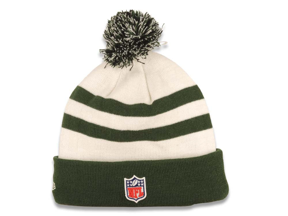 New Yourk Jets New Era Cuffed Pom Sideline Beanie/Knit Hat White/Green Crown/Visor Team Color Logo