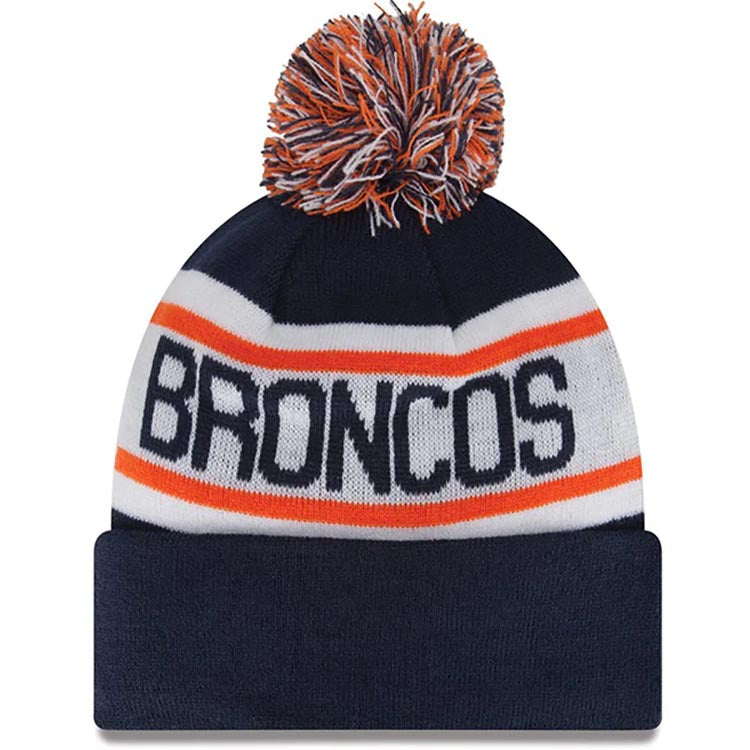 Denver Broncos New Era NFL Cuffed Pom Knit Hat Navy Blue/Orange/White Crown/Visor Team Color Logo (Biggest Fan Redux)