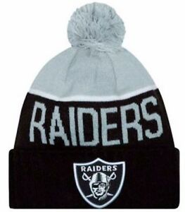 Oakland Raiders New Era NFL Cuffed Pom Knit 2015 Sideline Hat Gray/Black Crown Black Cuff Team Color Logo