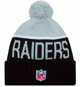 Oakland Raiders New Era NFL Cuffed Pom Knit 2015 Sideline Hat Gray/Black Crown Black Cuff Team Color Logo