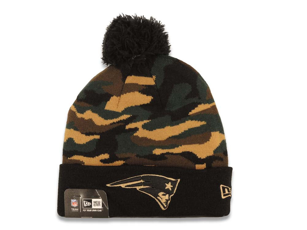 New England Patriots New Era NFL Cuffed Pom Captivate Beanie/Knit Hat Camo/Black Crown/Visor Team Color Logo