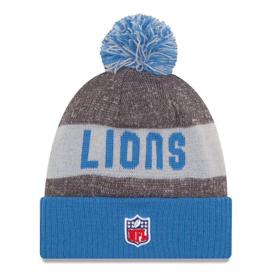 Detroit Lions New Era NFL Cuffed Pom Knit Beanie Hat Royal Blue/Gray Crown/Visor Team Color Logo (2016 Sideline)
