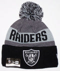 Oakland Raiders New Era NFL Cuffed Pom Knit Beanie Hat Black/Gray Crown/Visor Team Color Logo (2016 Sideline)