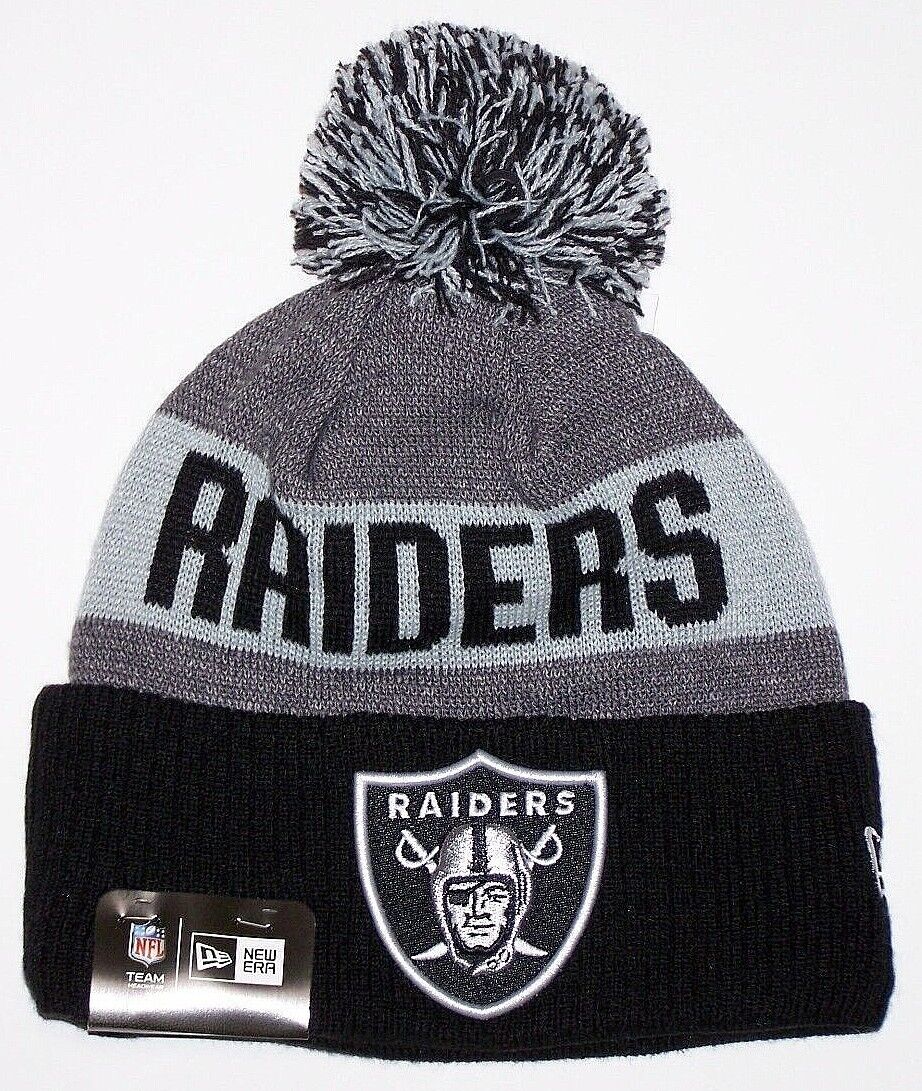 Oakland Raiders New Era NFL Cuffed Pom Knit Beanie Hat Black/Gray Crown/Visor Team Color Logo (2016 Sideline)