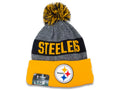Pittsburgh Steelers New Era NFL Cuffed Pom Knit Beanie Dark Gray/Black Crown Yellow Cuff Team Color Logo (2016 Sideline)