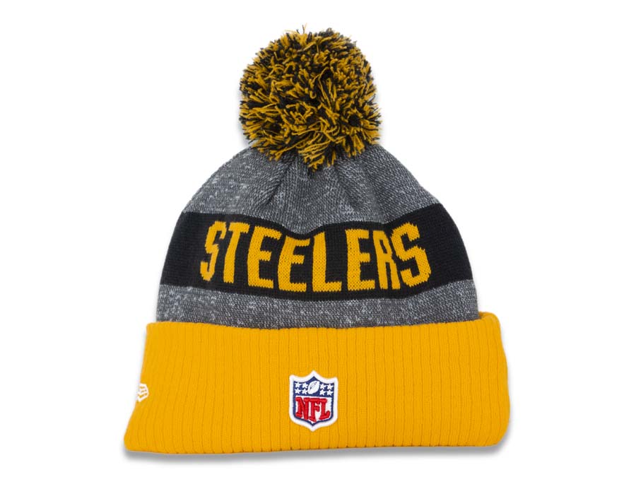 Pittsburgh Steelers New Era NFL Cuffed Pom Knit Beanie Dark Gray/Black Crown Yellow Cuff Team Color Logo (2016 Sideline)