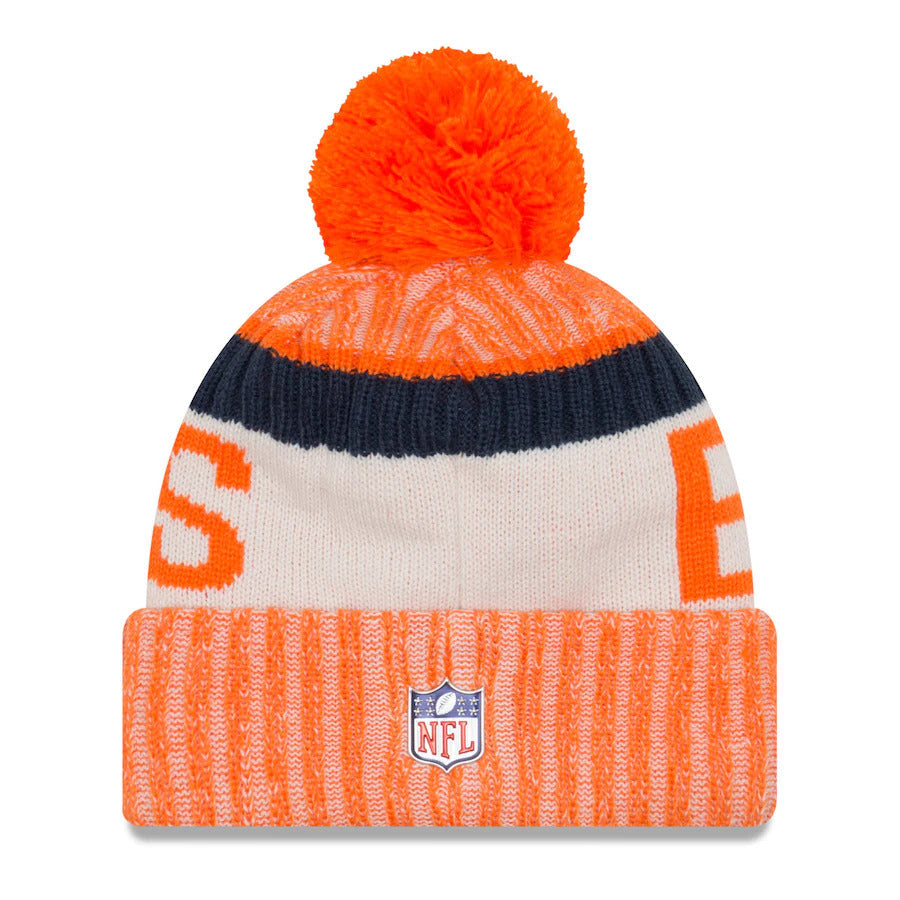 Denver Broncos New Era NFL Cuffed Pom Knit Beanie Orange/White Crown/Cuff Team Color Logo (2017 Sideline)