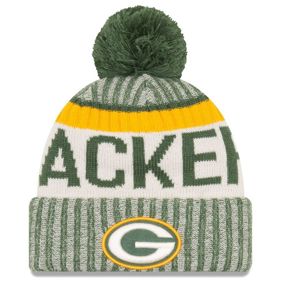 Green Bay Packers New Era NFL Cuffed Pom Knit Beanie Green/Yellow Crown/Cuff Team Color Logo (2017 Sideline)