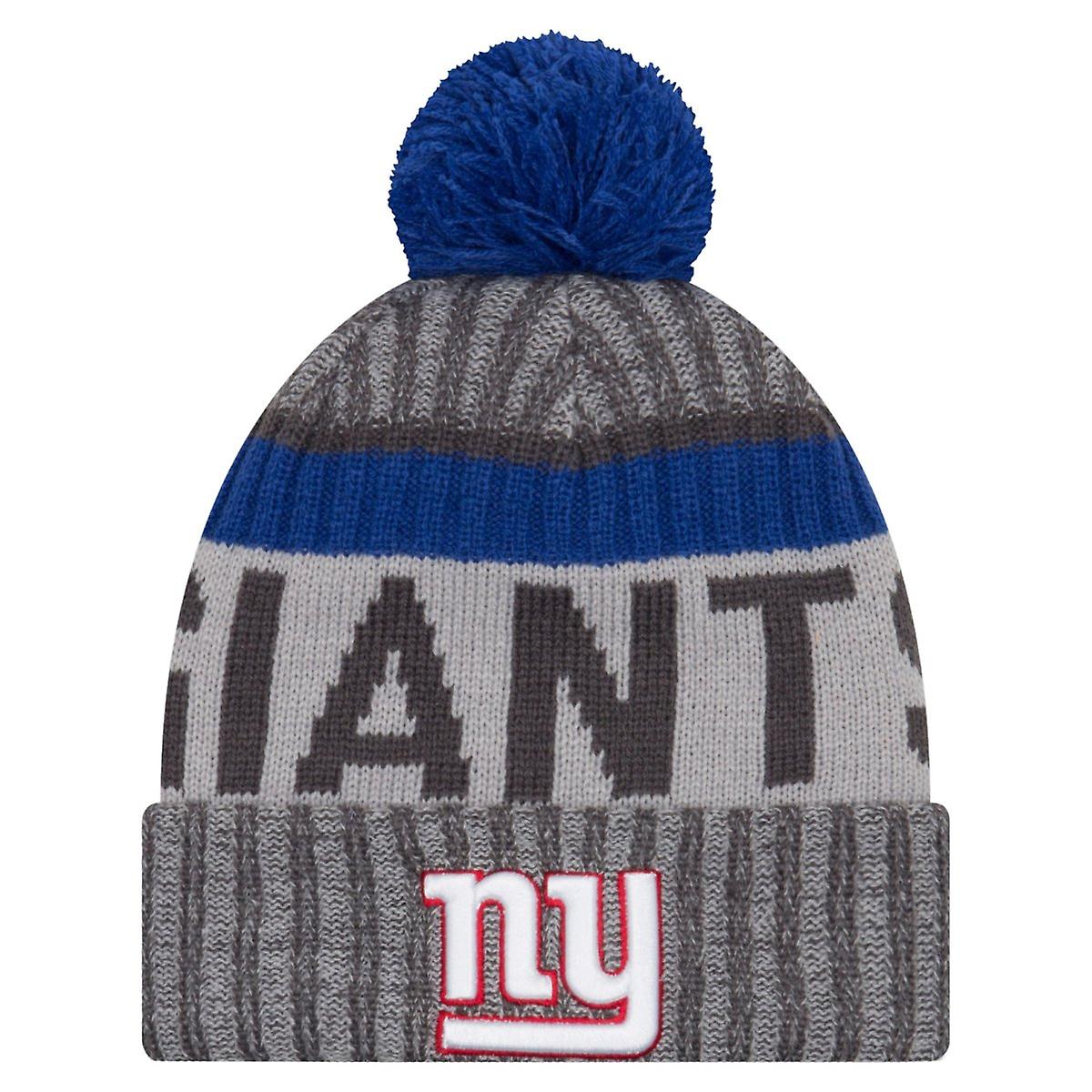 New York Giants New Era Cuffed Pom Knit Beanie Hat Dark Gray/ Royal Blue Crown/Visor Team Color Logo (2017 Sideline)