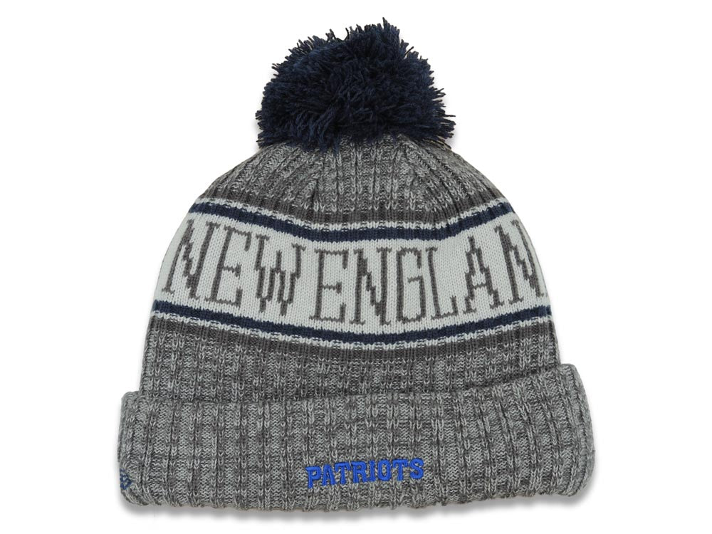 New England Patriots New Era NFL Cuffed Sideline Pom Knit/Beanie Hat Gray Crown/Visor Team Color Logo
