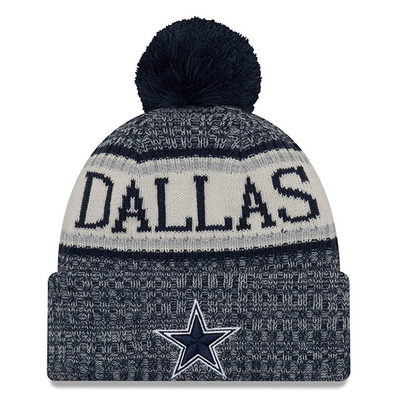 Dallas Cowboys New Era NFL Cuffed Pom Knit Hat Navy Blue/White Crown/Visor Team Color Logo (2018 Sideline)
