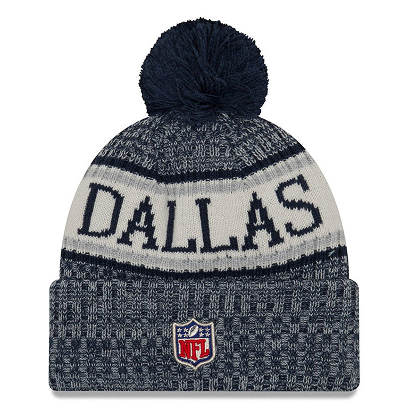 Dallas Cowboys New Era NFL Cuffed Pom Knit Hat Navy Blue/White Crown/Visor Team Color Logo (2018 Sideline)