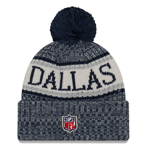 Dallas Cowboys New Era NFL Cuffed Pom Knit Hat Navy Blue/White Crown/Visor Team Color Logo (2018 Sideline)