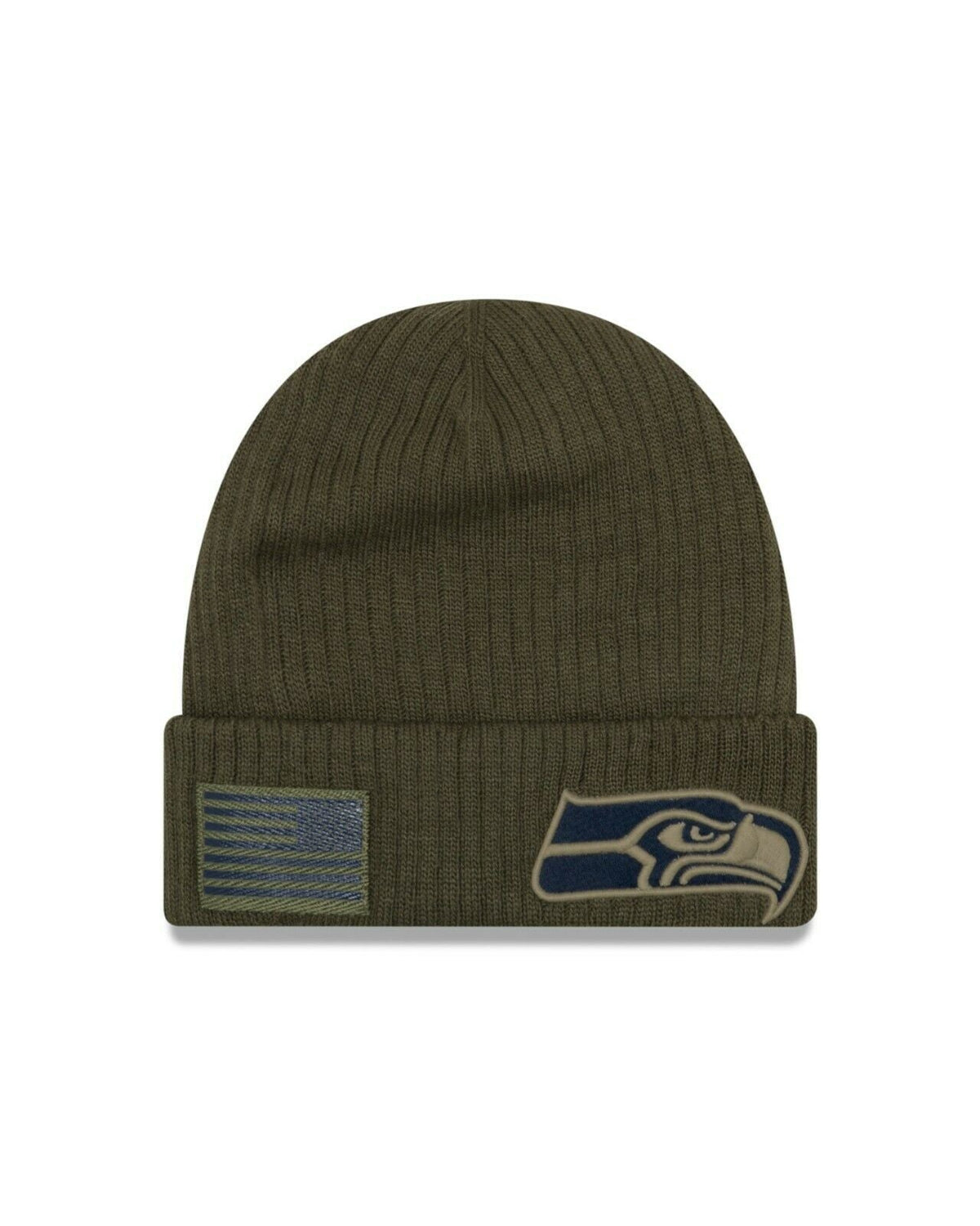 Seattle Seahawks New Era NFL Cuffed Knit Beanie 2018 Salute To Service Olive Green Crown/Cuff Team Color Logo